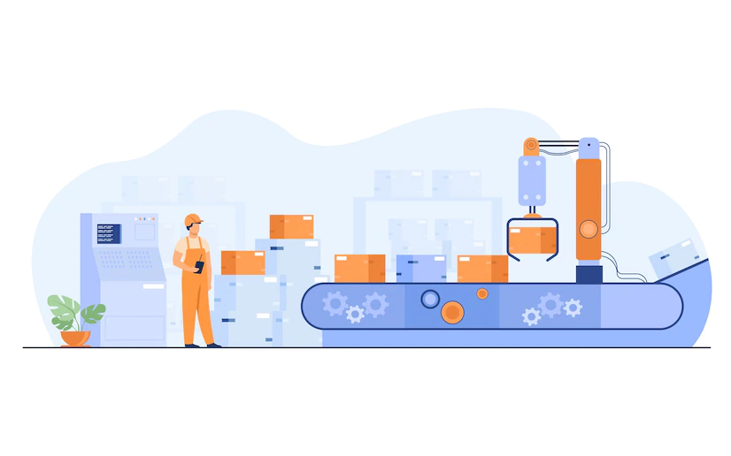 صنعت worker watching conveyor with boxes isolated flat vector illustration cartoon man standing warehouse with automation process 74855 8702